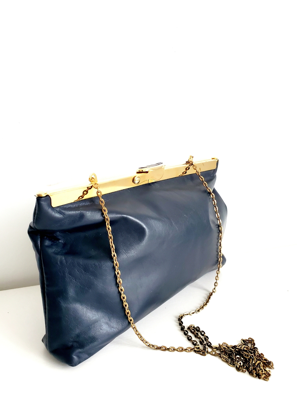 Classic Navy Leather Chain-Clasp Shoulder Bag - Vintage